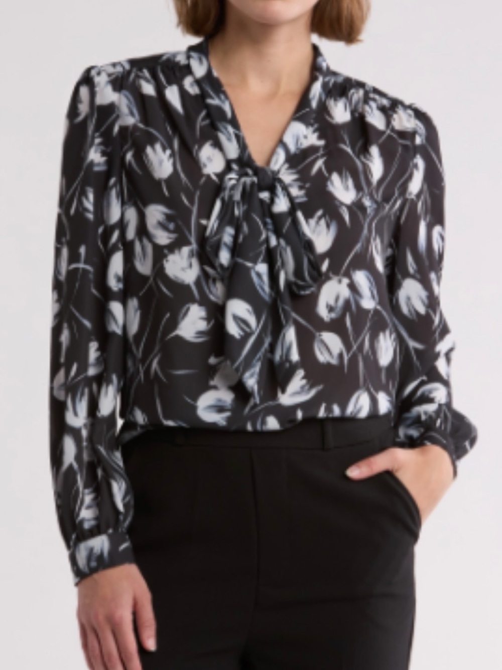 Gemma + Jane Black & White Floral Tie-Neck Blouse